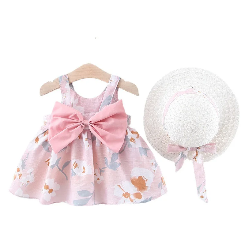Toddler Baby Girls Summer Tutu Dresses Backless Bowknot Flower Princess Birthday Party Sundres Hawaiian Holiday Dress with Hat
