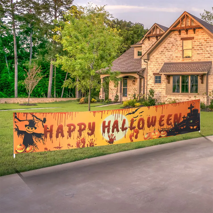 

Happy Halloween Banner Bloody Bat Pumpkin Ghost Print Arty Backdrop Home Garden Lawn Hanging Decoration Haunted House Props