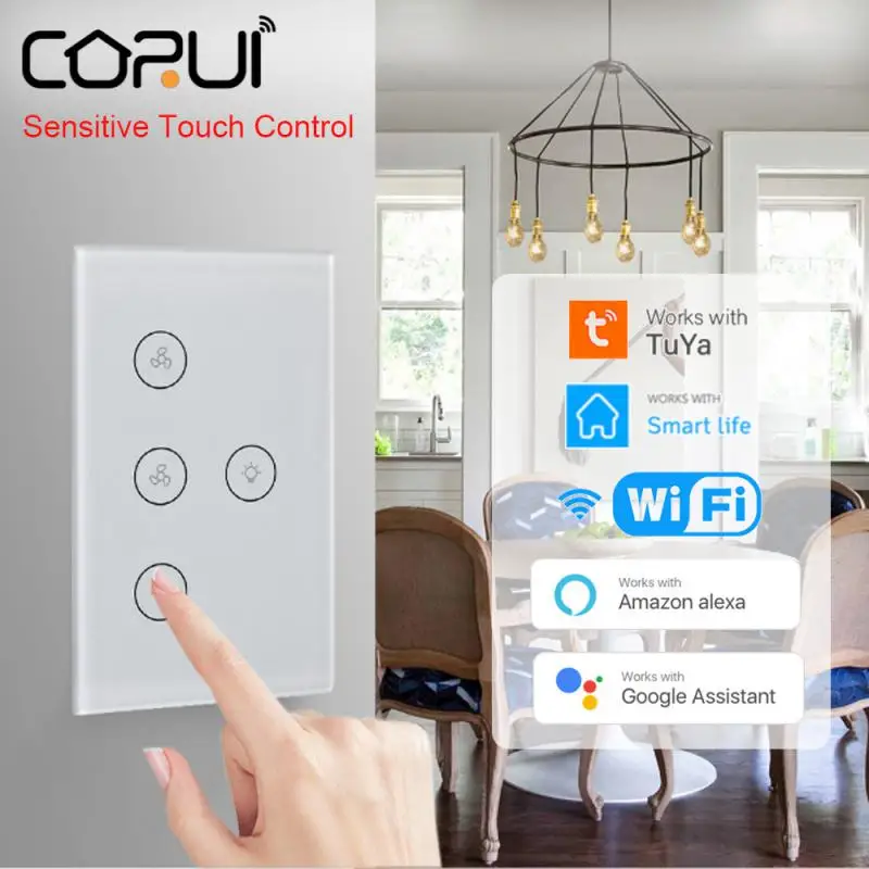 

Умный Регулируемый выключатель вентилятора CORUI WIFI Tuya, цифровой сенсорный выключатель с ручным управлением, поддержка Smart Life, Alexa, Google Home