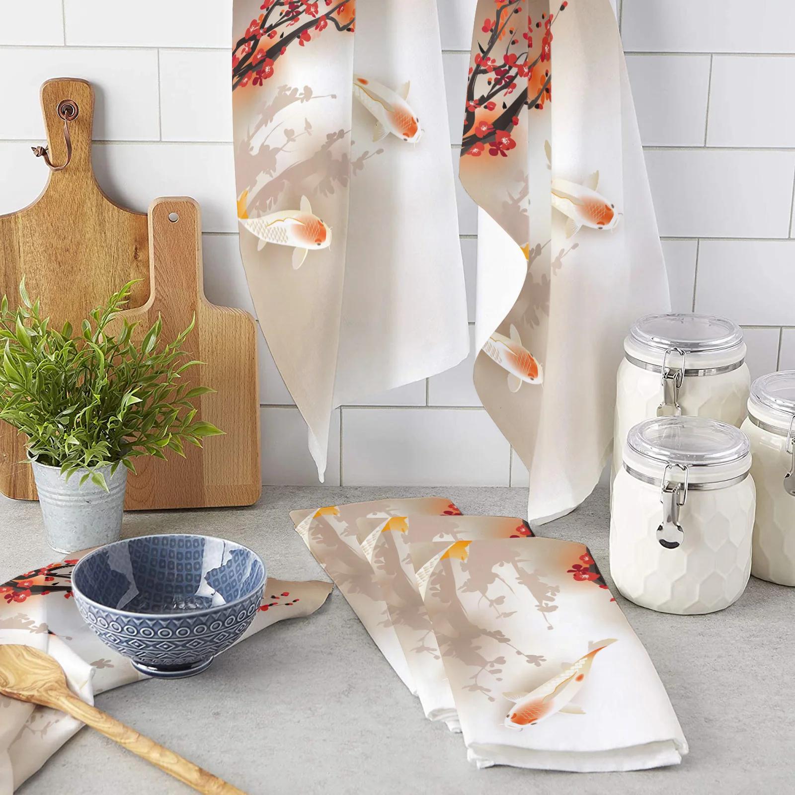 

Весенняя красная ветка вишневого дерева, ткань из микрофибры для чистки карпа, полотенце для рук, салфетка для посуды, посуда для кухни, дома...