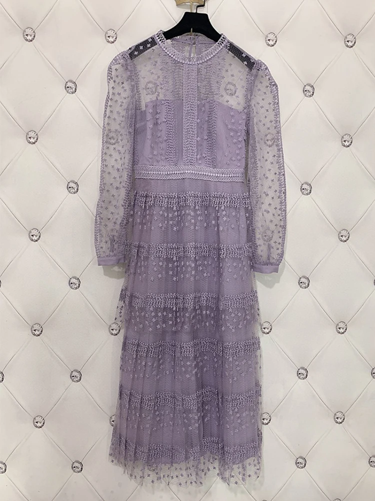 

Подиумное модное весенне-летнее фатиновое платье для женщин с длинным рукавом, фиолетовое, высокое качество, вечерние, праздничные