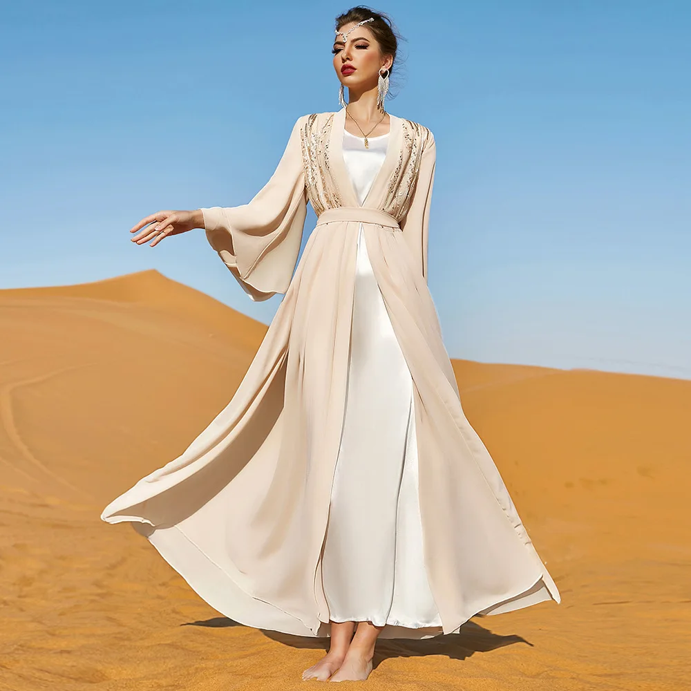 Women's Spring Summer Muslim New Beige Double Embroidery Pearl Chiffon Fashion Dress Travel Party Outer Long Skirt