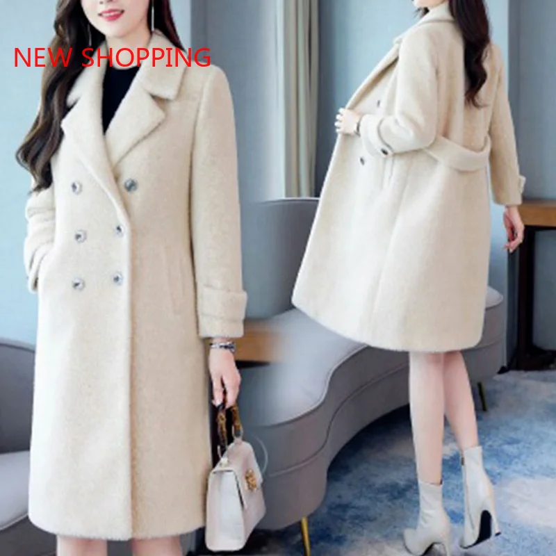 Woolen Coat Women Mid Long Slim Overcoat 2023 Autumn Winter New Imitate Mink Velvet Faux Wool Jacket Female Thick Warm Outwear