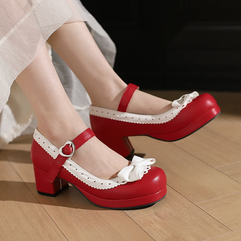 Women's Platform Mary Jane Pumps with Mid Chunky Heel Dance Party Cute Lolita Cosplay Shoes Bowknot Delicate Lace Trim Plus Size