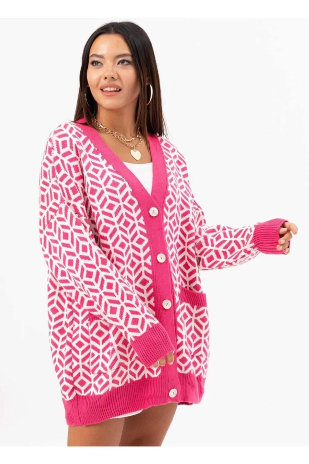

Women's Cardigan Oversize Pink Patterned Casual Knitted Quality Fashion Cardigan Sweaters Loose Sweater Sweater Jumper