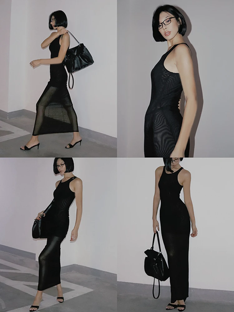 Новинка сексуальное осеннее черное Сетчатое платье Vaenssalab сращивающееся на