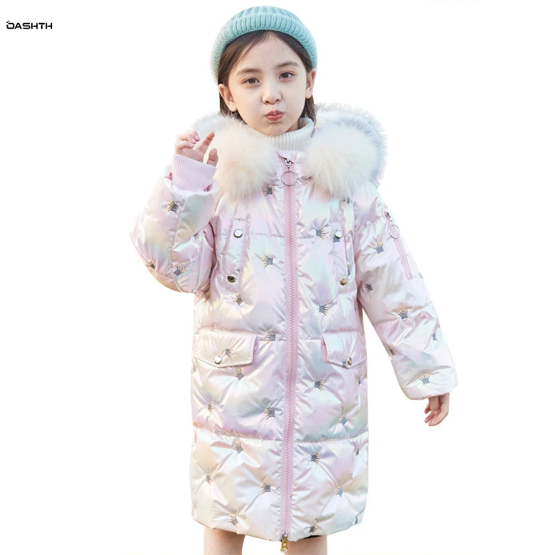 OASHTH Winter new children's down jacket girls thickened shiny crown mid-length large fur collar jacket