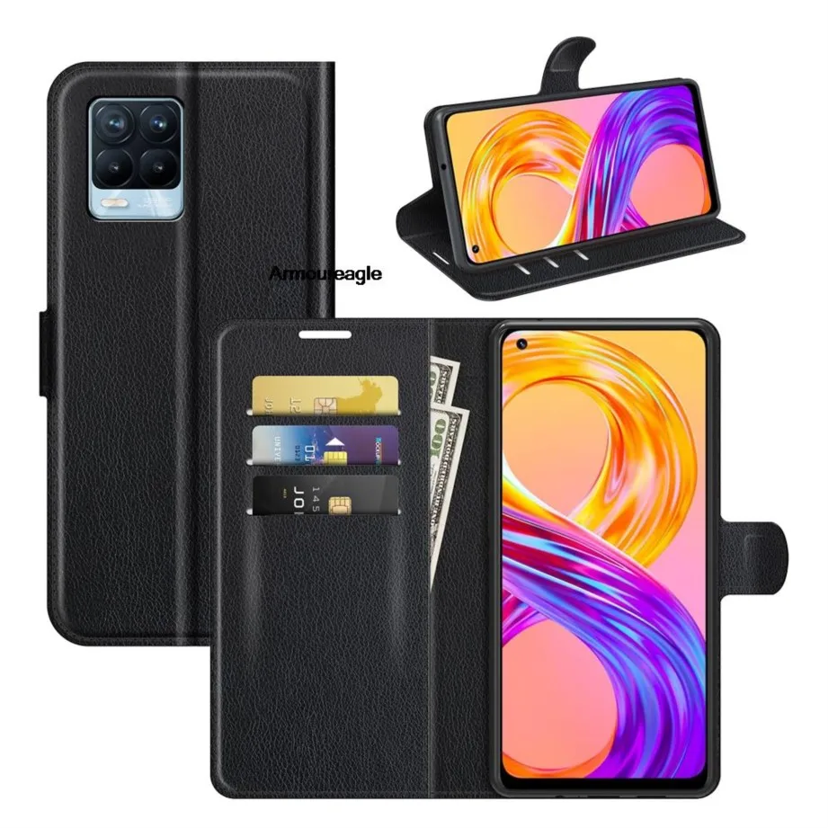 case protect on for oppo realme 8 (4g ver. 6.4in) rmx3085 realme8 cover wallet card book style flip leather black r3085 rmx 3085