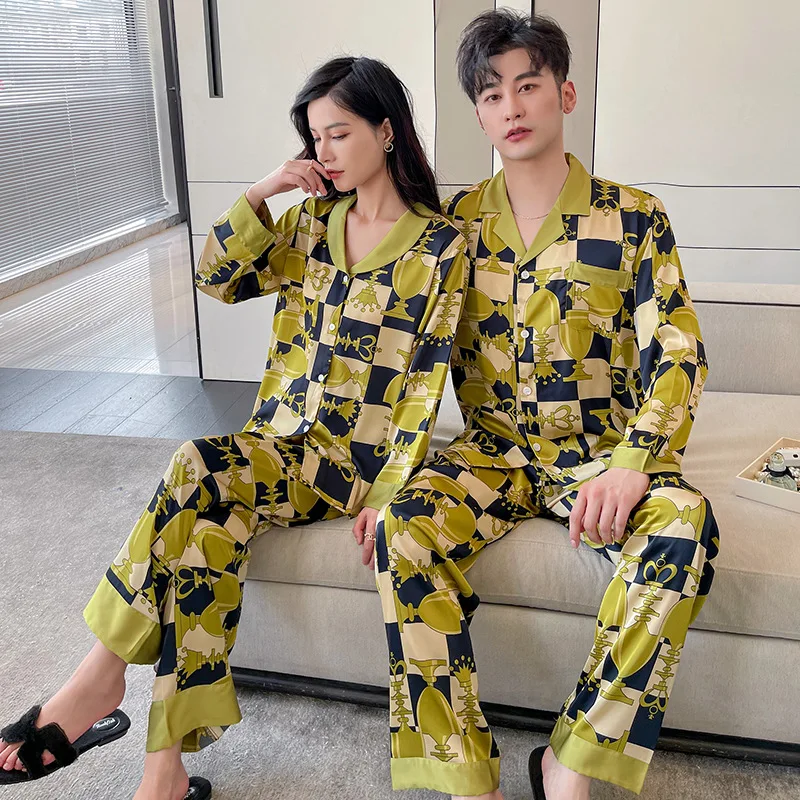

Jxgarb Spring New Satin Kawaii Women Men Couples Pajamas Sets Fashion Female Male Lovers Cartoon Home Clothes Bathing Nightwear