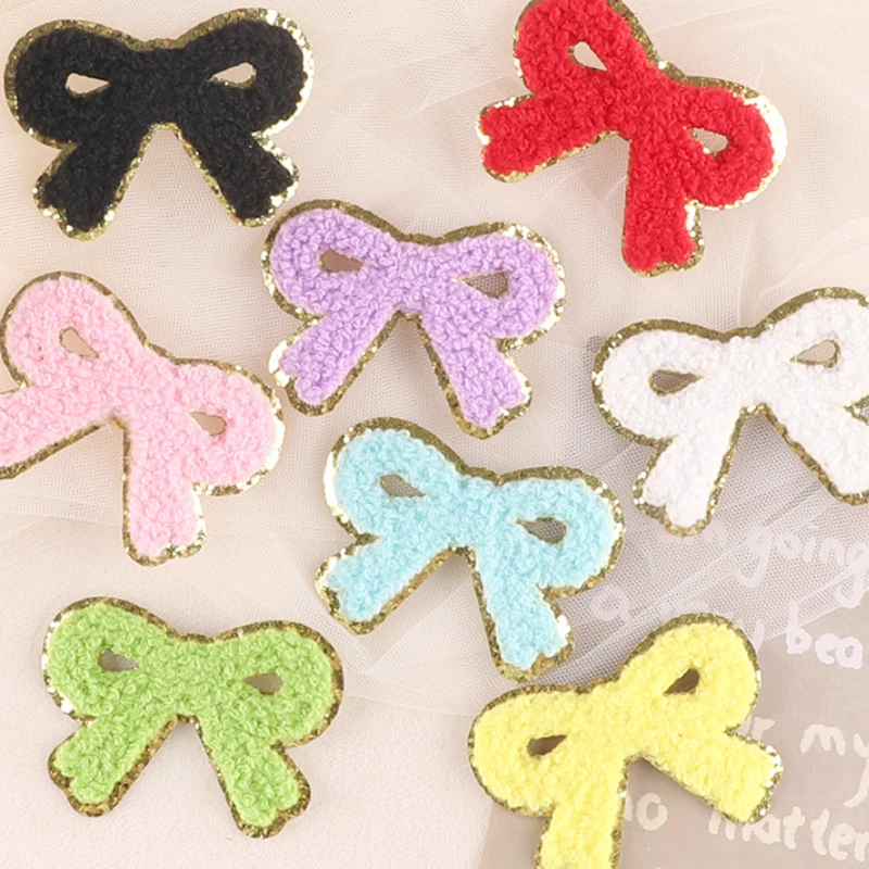 Золотистые синелевые нашивки с бантом для одежды, полотенце с вышивкой, термоклейкая нашивка, Красочный галстук для девочек, детская ткань, аксессуары «сделай сам»