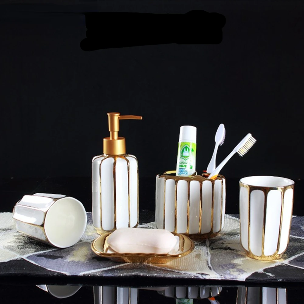 5Pcs/lot Golden Plating Ceramic Bathroom Accessories Set Soap Dispenser Toothbrush Holder Tumbler Soap Dish Bathroom Products