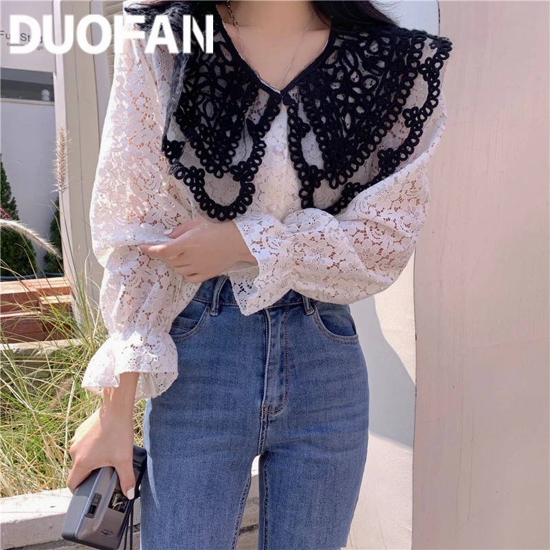 

DUOFAN Hollow Out Peter Pan Collar Women Blouse Chic Korean Fashion Lace Shirts 2022 Spring Summer New Elegant Blusas Camisas