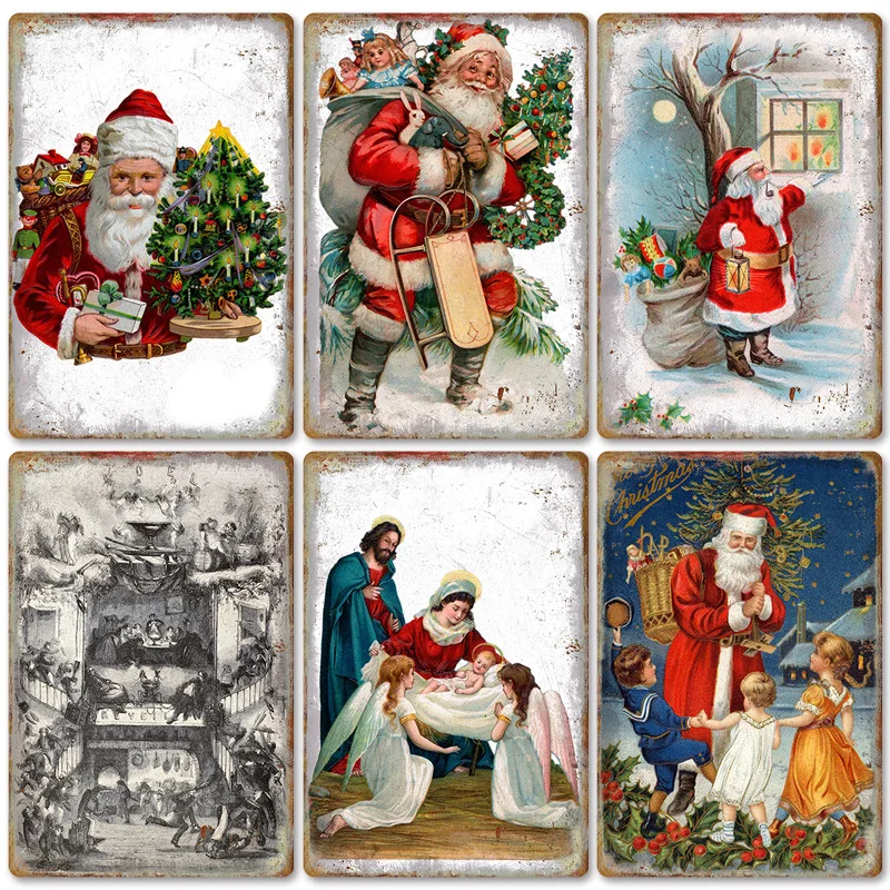 

New Christmas Vintage Iron Sheet Painting Festival Background Wall Decoration Frameless Hanging Painting