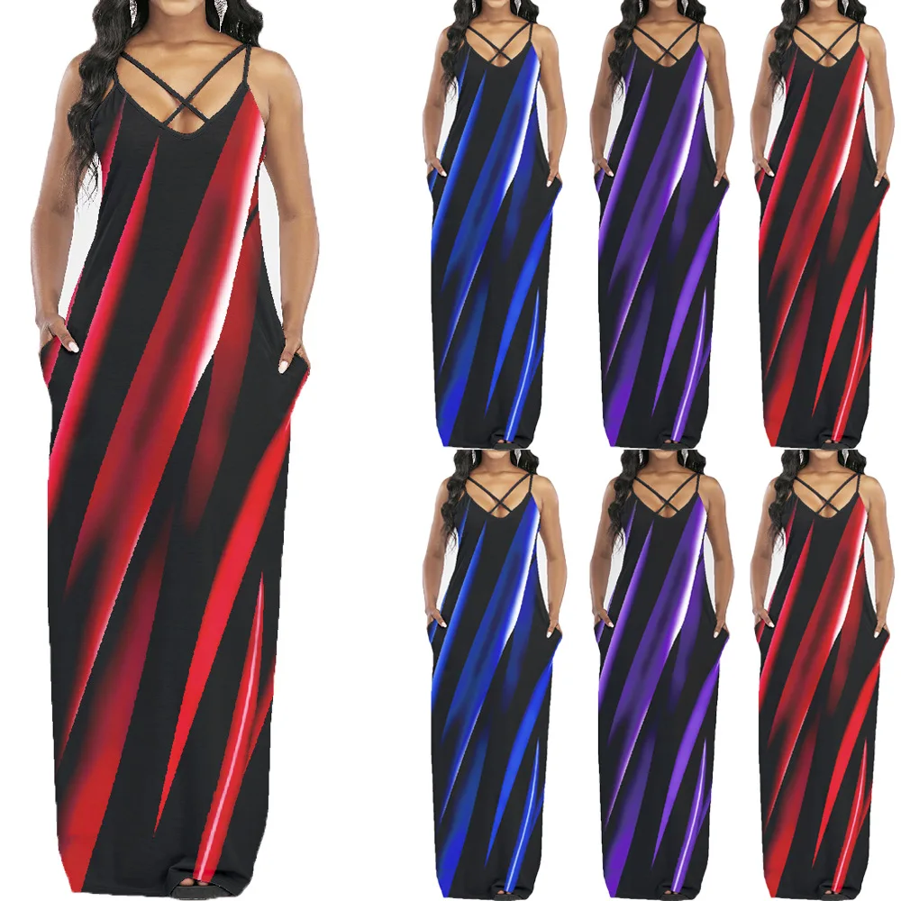 

Women's Irregular Striped Printing Slip Dress Tank Dress