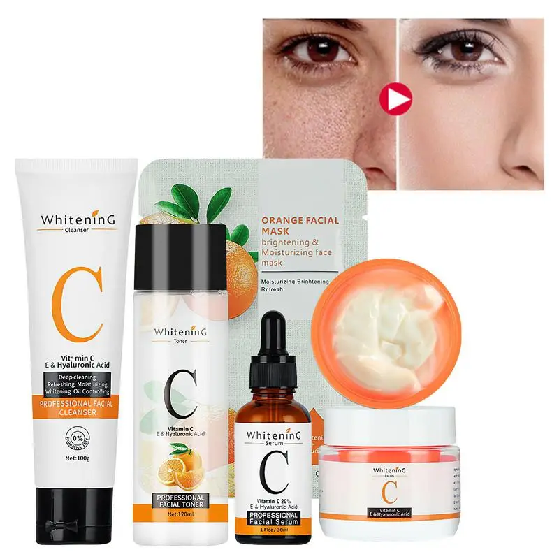 

5PCS Collagen Vitamin C Serum Brightening Beauty Skin Care Set Whitening Face Moisturizer Cream Vitamina C Cleanser Toner