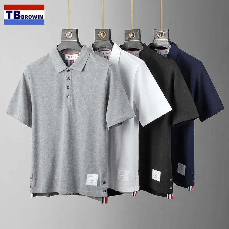 

TB BROWIN Thom Men's Polo Shirt Casual Back Ribbon Stripe Pure Cotton Short Sleeve T-shirt Fashion Lapel Single Breasted Tees T