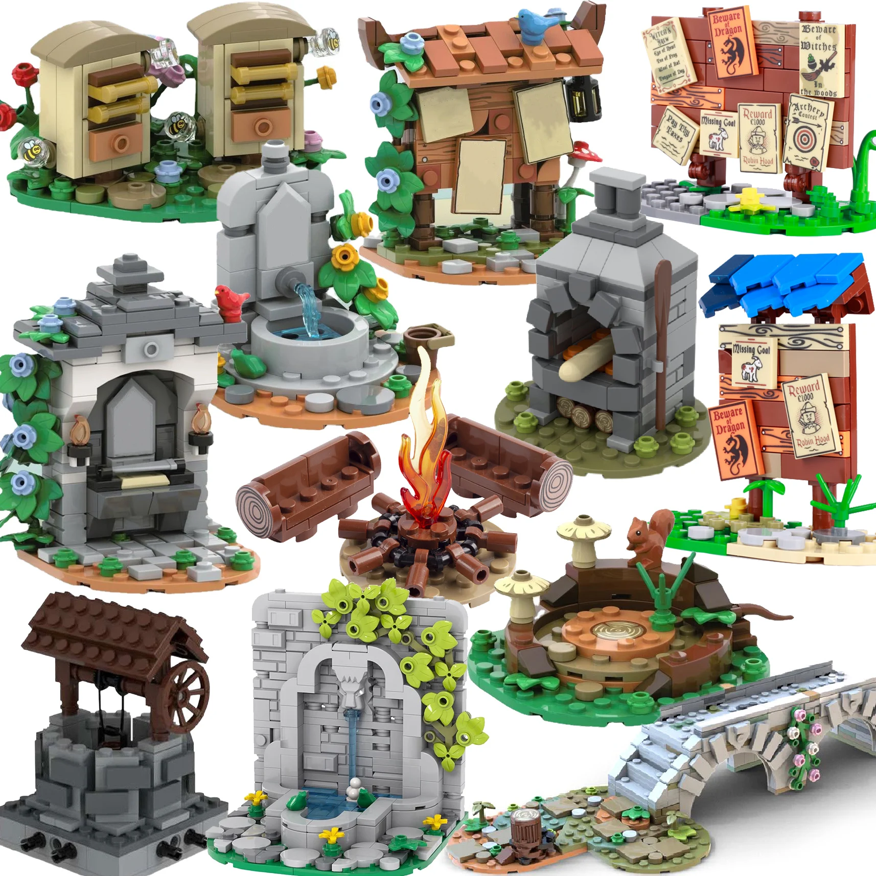 MOC Notice Board Building Blocks Bee Farm Fountain Bonfire Stove Medieval Town Street View Water Wall Bridge Road Sign Brick Toy
