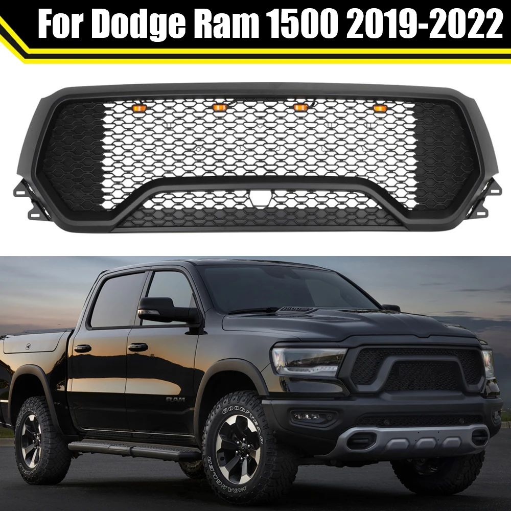 TRX Style LED Honeycomb Grid Front Upper Hood Grille Bumper Mesh Grill For Dodge Ram 1500 2019 2020 2021 2022 With Letter