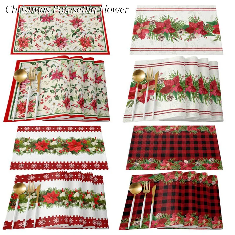 

Popular ins Christmas Poinsettia flower Printed table place mat dining pad Cloth placemat cup tea coaster dish doily kitchen