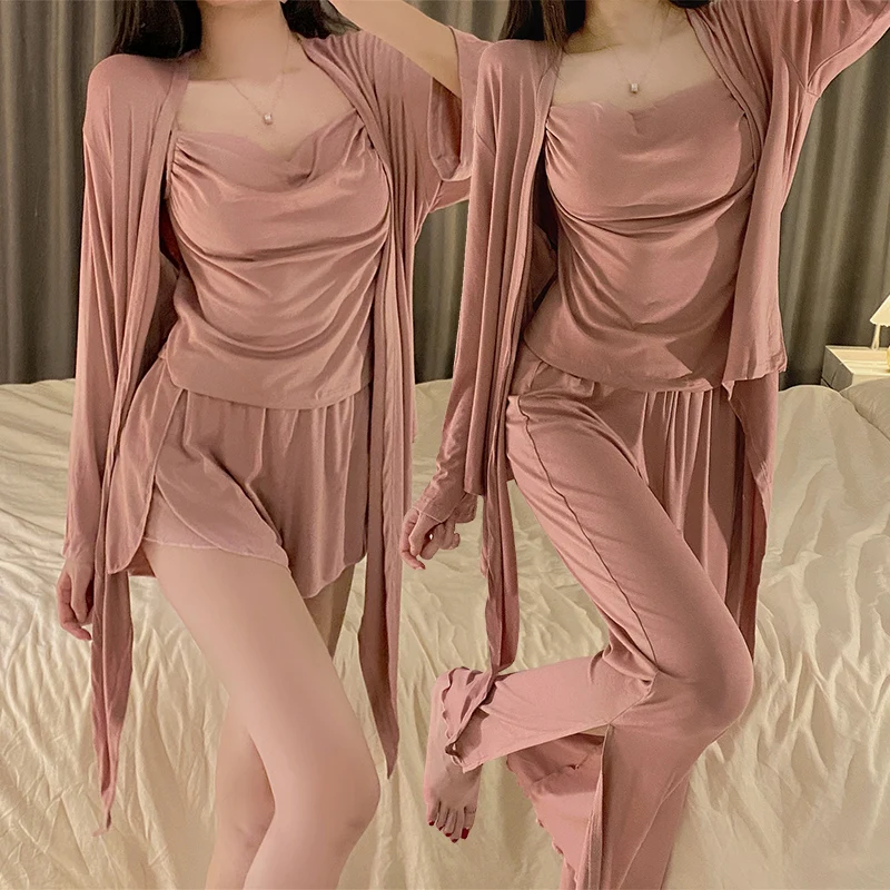 

2022 Autumn 4PCS Modal Sexy Lace Lingerie Robes Pajama Sets for Women Korean Sleepwear Suit Pyjama Homewear Pijama Mujer Clothes