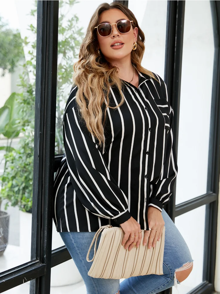 Oversized Temperament Commuter Loose  Polo Striped Shirt plus size blouse  roupas femininas tops for women