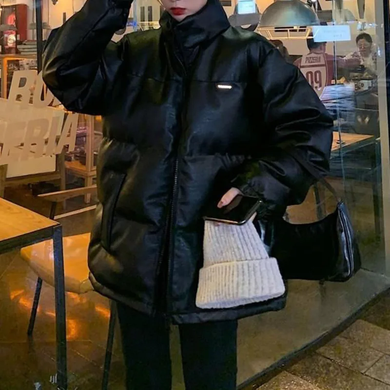 black pu leather Winter Korean version 2022 new jacket super bright surface Pu loose thick cotton padded jacket women's fashion