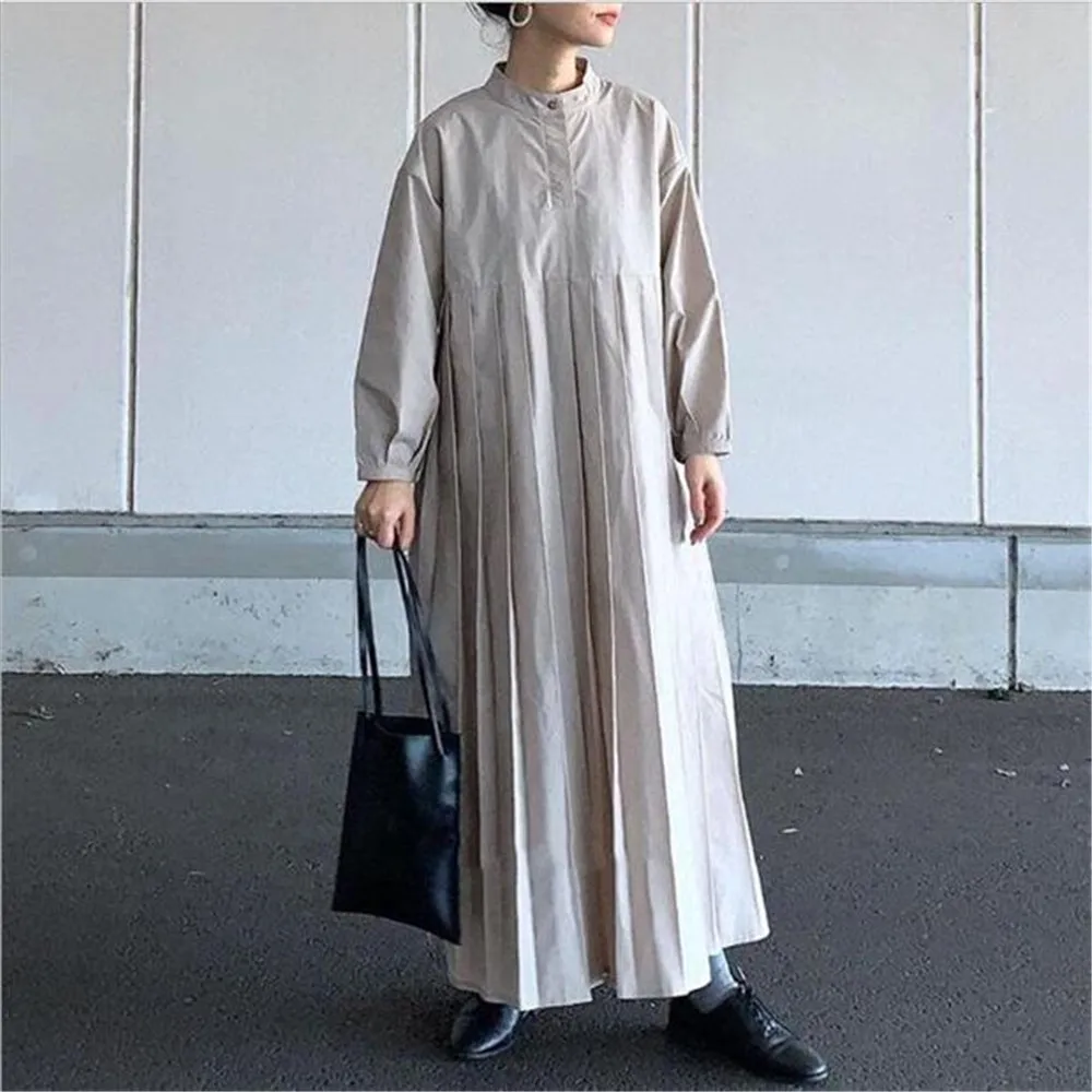 

Women Dress 2022 Japan Korean Solid Color Apricot Stand Collar Long Sleeve Pleated Shirt Dress Casual Loose Temperament Spring