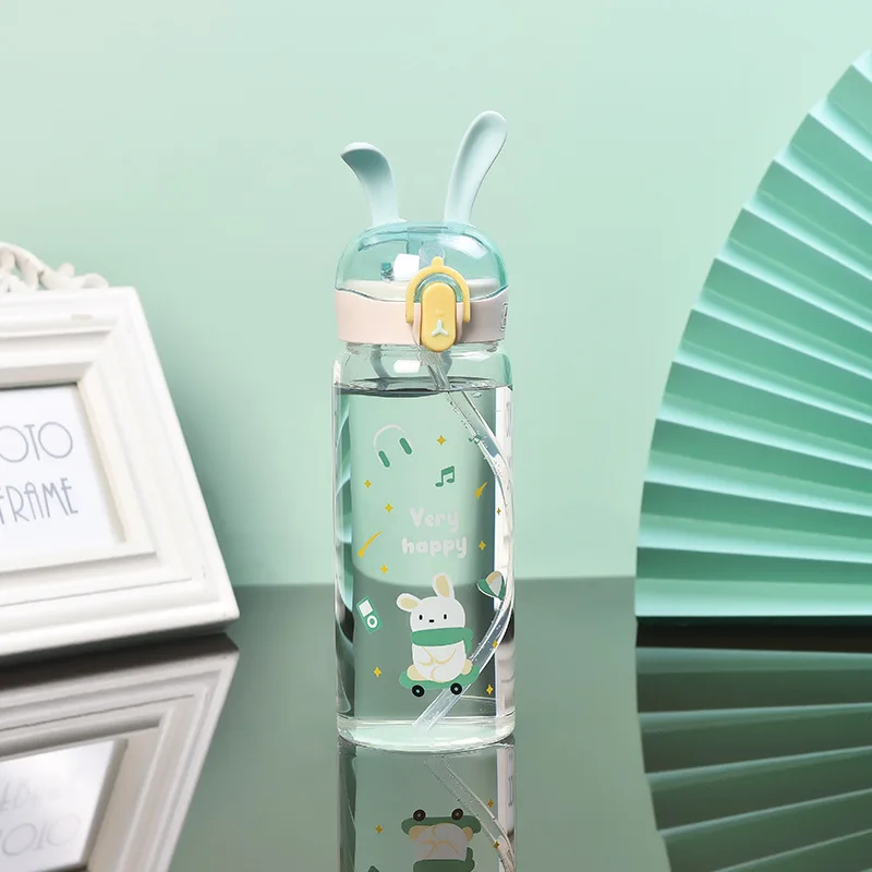 

Heat Resistant Cute Rabbit Style Glass Water Bottle with Straw Kawaii Leakproof Portable Spacecup for Kid Easy Drink 410ml BL034