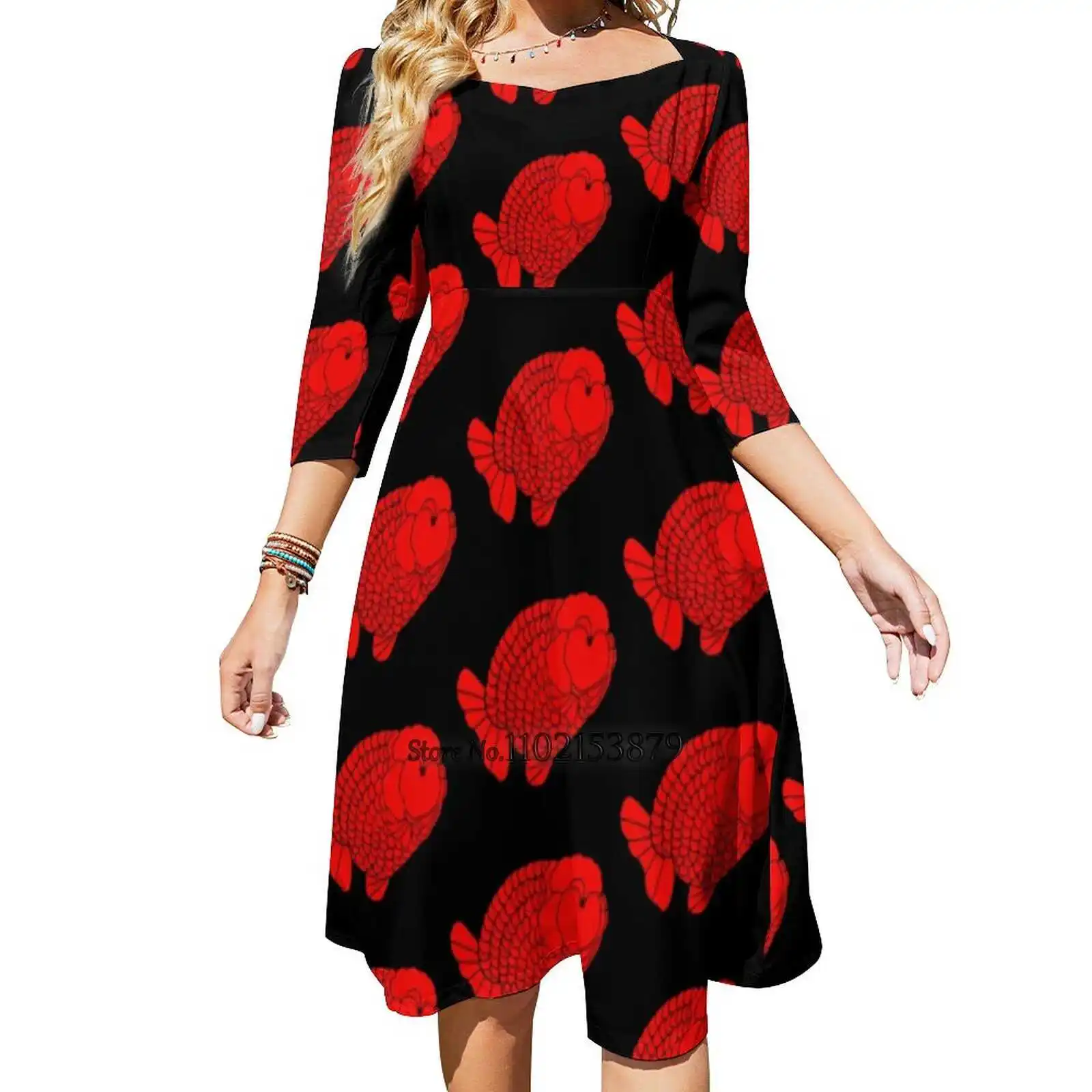 

Полностью красное платье Ranchu с логотипом золотой рыбки на черном фоне с открытой спиной и шнуровкой сзади женское милое красное платье с кв...