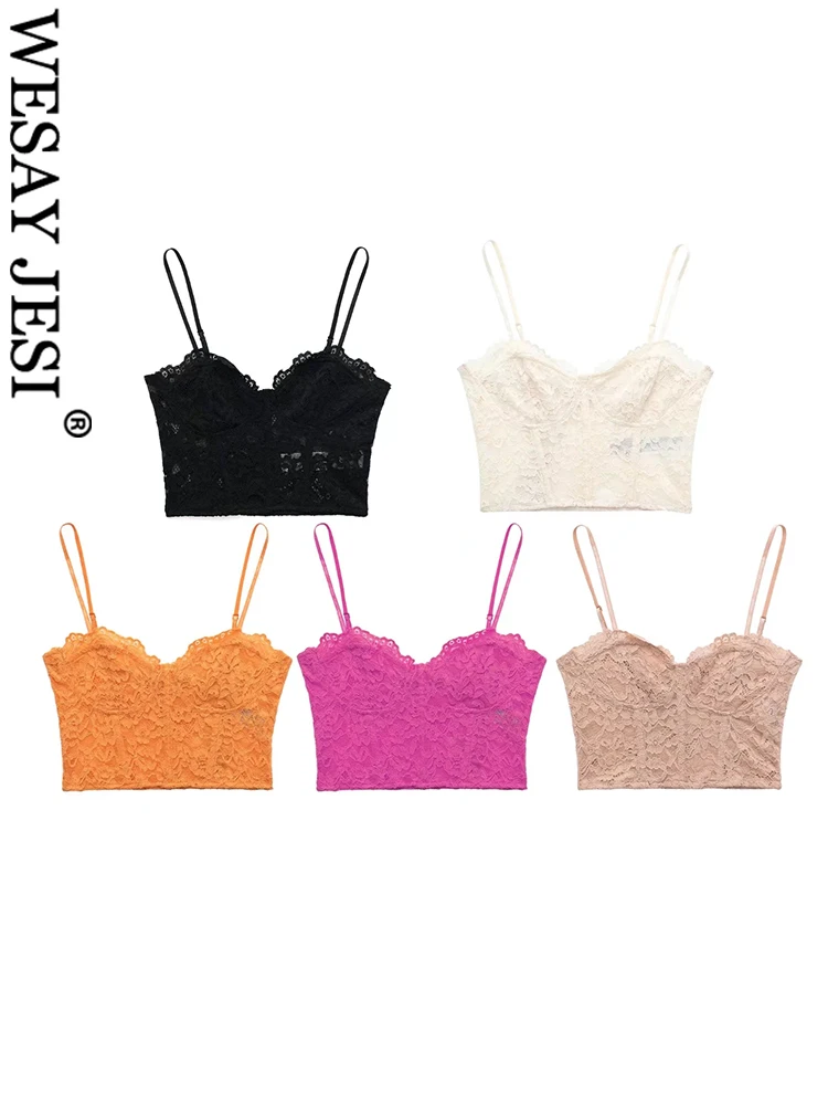 

WESAY JESI Elegant Adjustable Sling Sleeveless Backless Tank Top Wrap Chest Lace Mesh Tight Sexy Solid Color Vest Women Summer