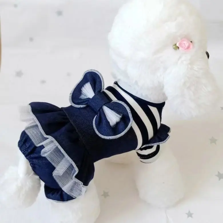 

Pets in spring and summer wear thin new denim skirt bow princess mesh tutu Teddy skirt dog skirt cat skirt Pet clothes