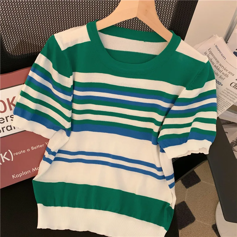 

American Retro Striped Short Sleeve Knitted Sweater Women Pullovers Thin Autumn 2022 New High Waist Slim O Neck Casual Tshirts