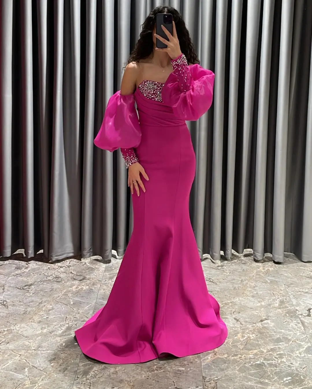 

Merida Beads Saudi Arabia Prom Dresses Puff Sleeves Mermaid Floor-Length Backless Formal Occasion Graduation Dresses