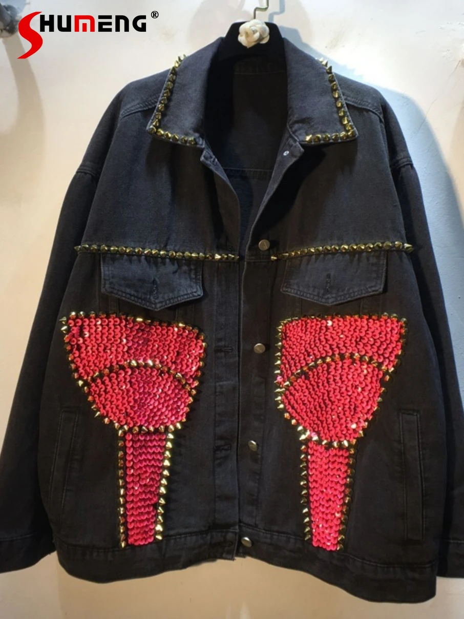

Куртка женская джинсовая с заклепками, Элегантная Модная свободная уличная куртка из денима с отложным воротником, с бусинами и блестками, ...