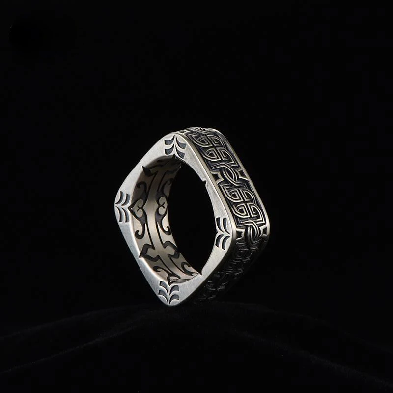 

New Silver Men's Ring Retro Square Round Pangu Trend Personality Domineering Handmade Ring Jewelry Accessories