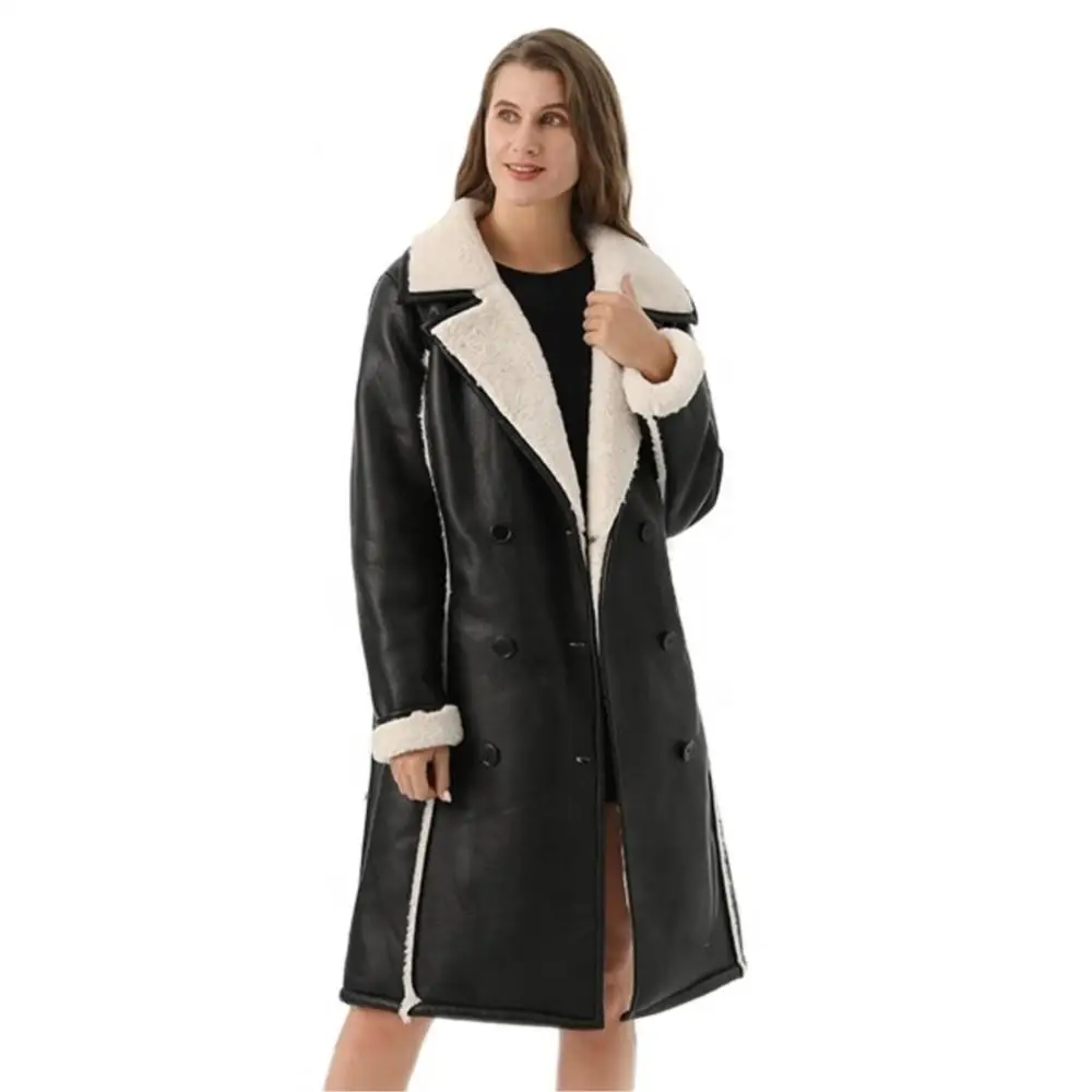 Women Winter Real Suede Slim Long Cardigan Coat Warm double-breasted Lapel With Belt Windbreaker Lining Real Lambs Jacket