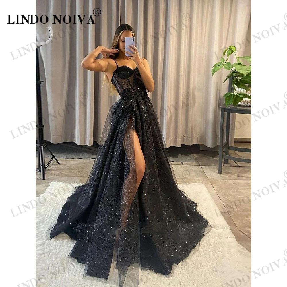 

LINDO NOIVA Sexy Black V Neck Evening Dress Shiny Tulle Applique Party Dresses A Line High Side Slit Formal Occasion Prom Gown