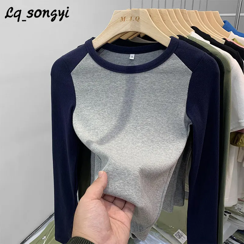 

Облегающая трикотажная футболка с длинным рукавом, модель 2023 года, базовая однотонная короткая футболка в стиле пэчворк для женщин на весну и осень