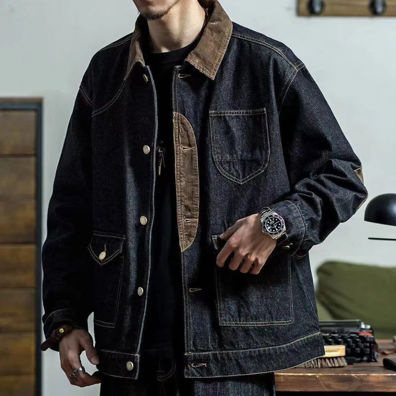 

HOUZHOU Vintage Denim Jackets Men Retro Cargo Jacket Coats Outerwear Coat for Men Distressed Streetwear Japanese Patchwork