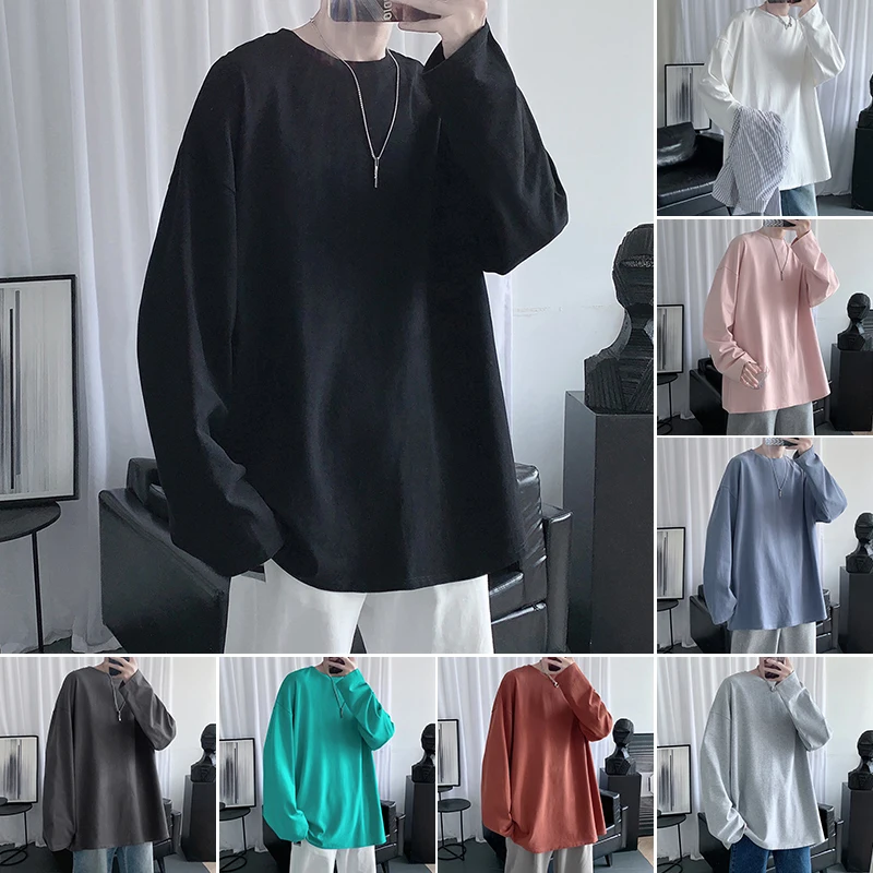 

Spring Long Sleeve Oversized T Shirts Men Solid Color Harajuku 100% Cotton Casual Basic O-Neck Tee Shirt For Man