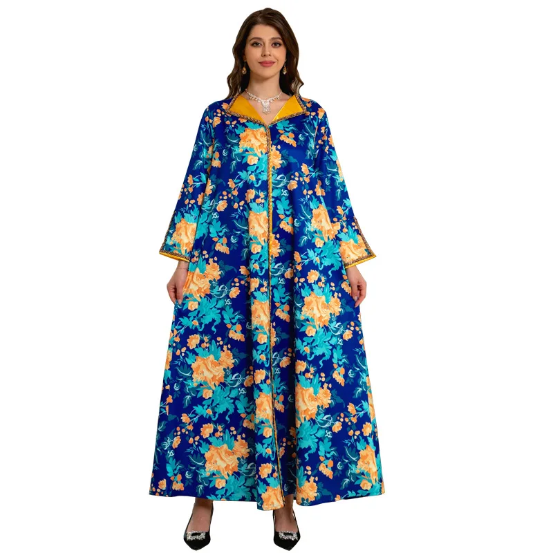 

Dubai Womens Robe Muslim Maxi Dress Elegant Long Sleeve African Dresses Printed Hot Diamond National Costume Summer Vestido