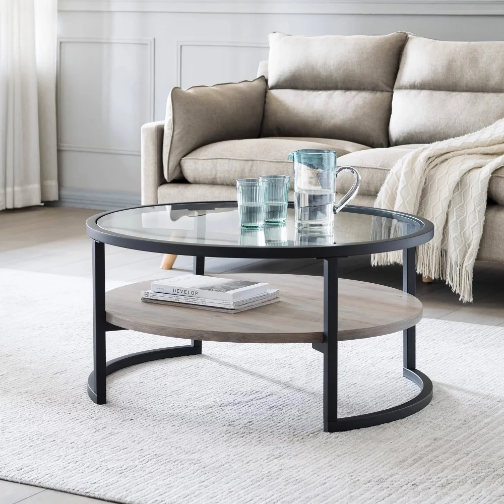 

Evelyn&Zoe Coffee Table Modern Metal Round with Glass Top Living Room