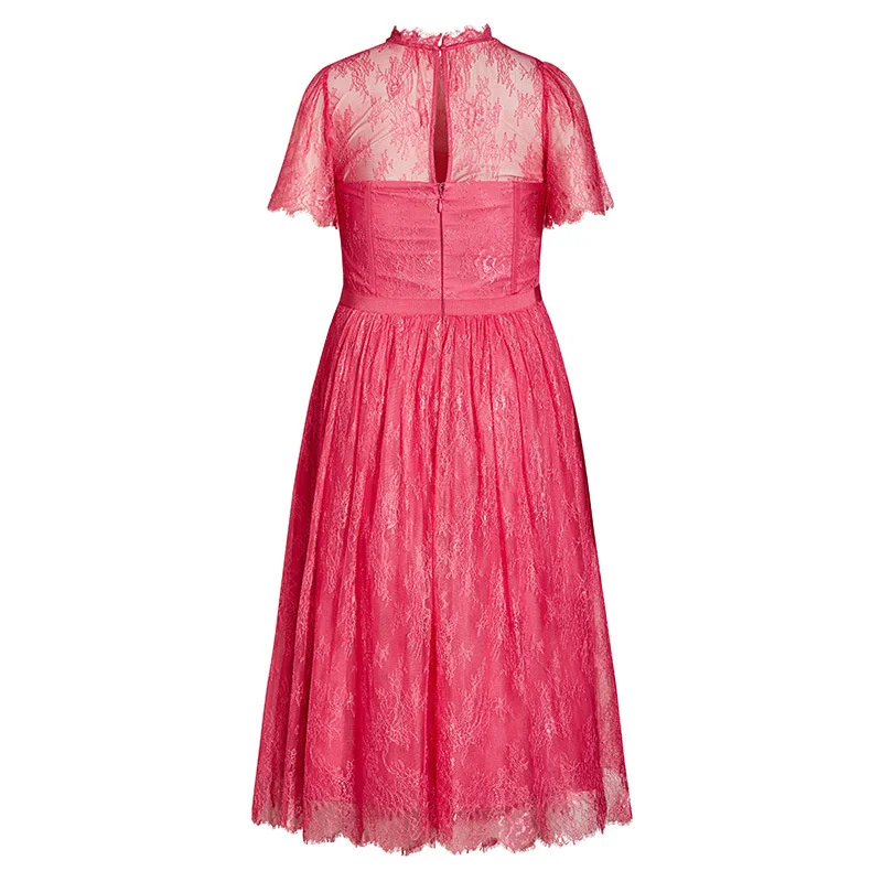 Plus Size Women's Dress New Fashion Large Silk Color Large Size Light Mature Style Fat MM Lace Short Sleeve Women's Long Dress