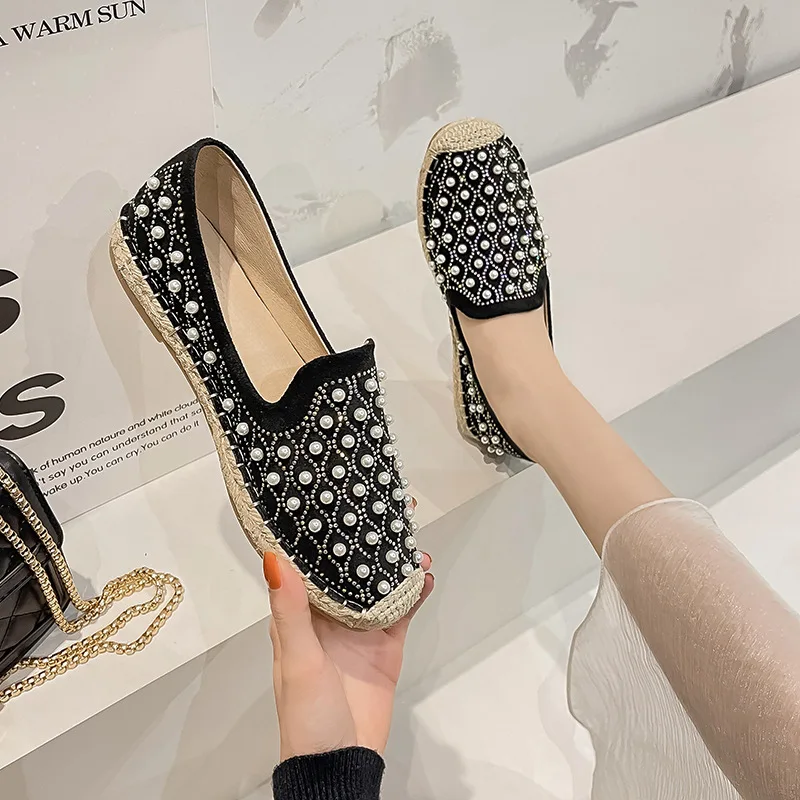 Women Hemp Espadrilles Femmes Rubber Loafers Fisherman Trendy Moccasins Oxford Woman Crystal Pearl Flats Shoes