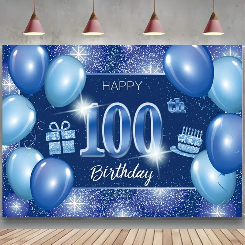 

Happy 100th Birthday Backdrop Banner Decor Blue Dot Glitter Sparkle 100 Years Old party Theme Decorations Men Women Supplies
