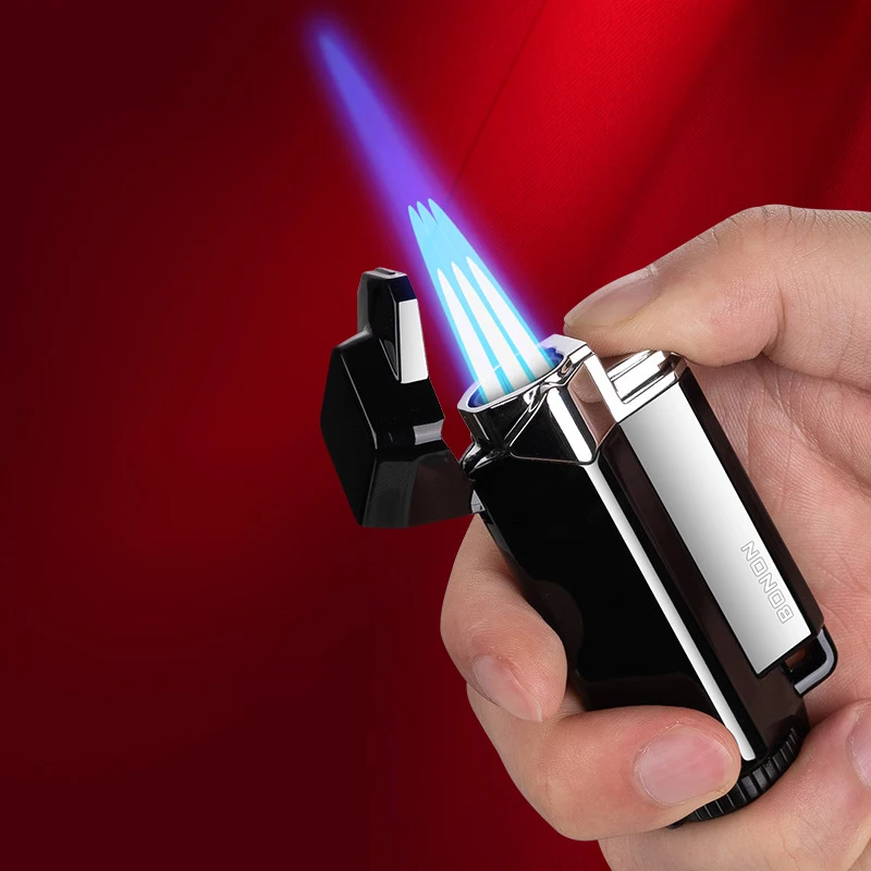 Creative Three-Stroke Cigar Lighter Blue Flame Gas Lighter Inflatable Straight-Through Lighter Cigarette Accessories