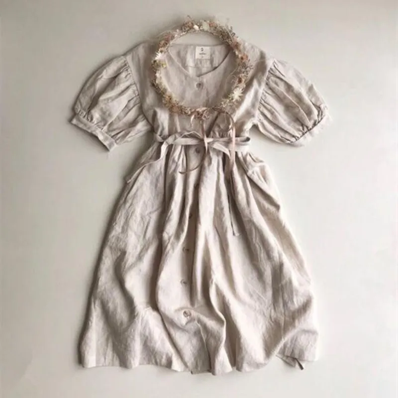 

2023 BC Brand Designer Baby Girls Summer Dress Kids Japanese Style Casual Loose Linen Dresses Infants Single-breasted Frocks