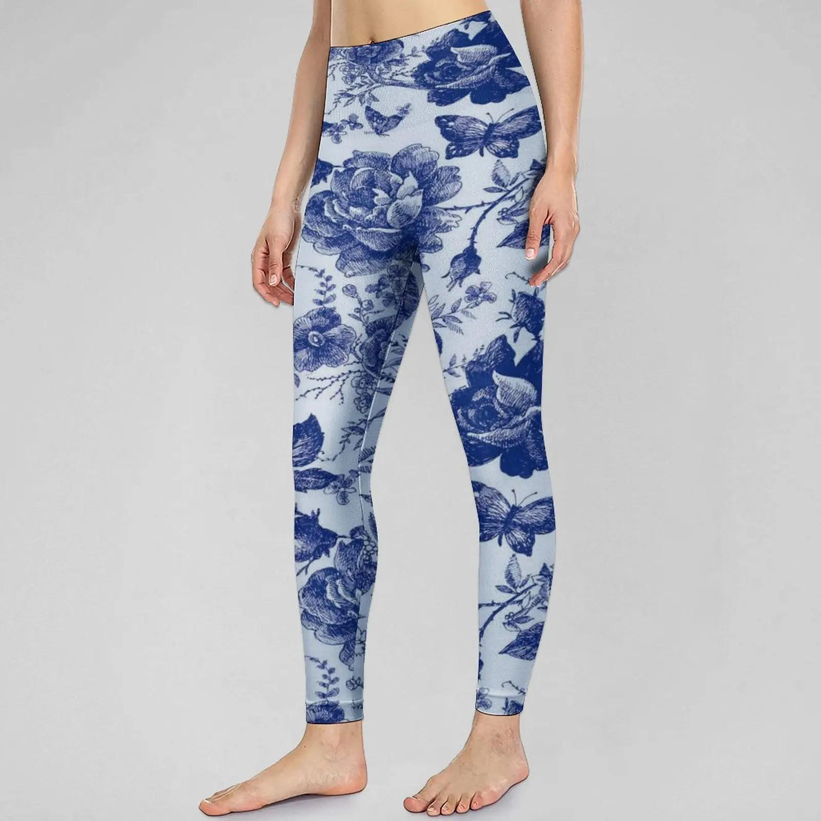 

Бесшовные леггинсы с бабочками, винтажные синие штаны для фитнеса и йоги, Женские сексуальные Ретро спортивные колготки