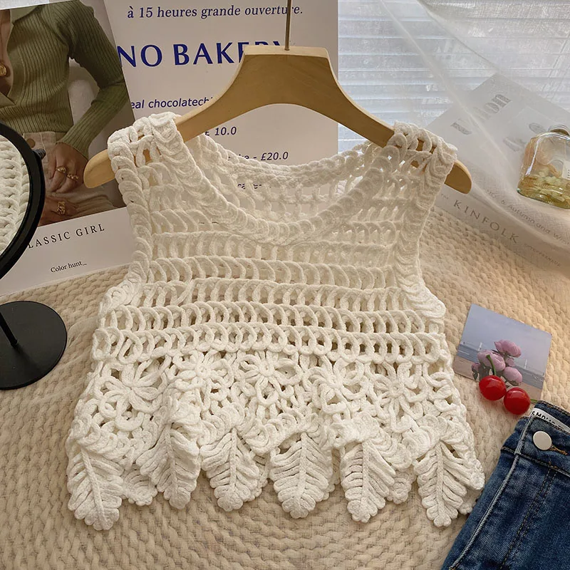 

Женский ажурный топ без рукавов, повседневный пляжный укороченный топ с кисточками и вырезами, Y2k, летняя уличная одежда