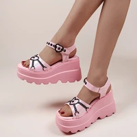 heart hasp adorn pink sandals ladies fashion cosplay maid uniform jk platform shoes wedges casual size 43 women shoes sandalias